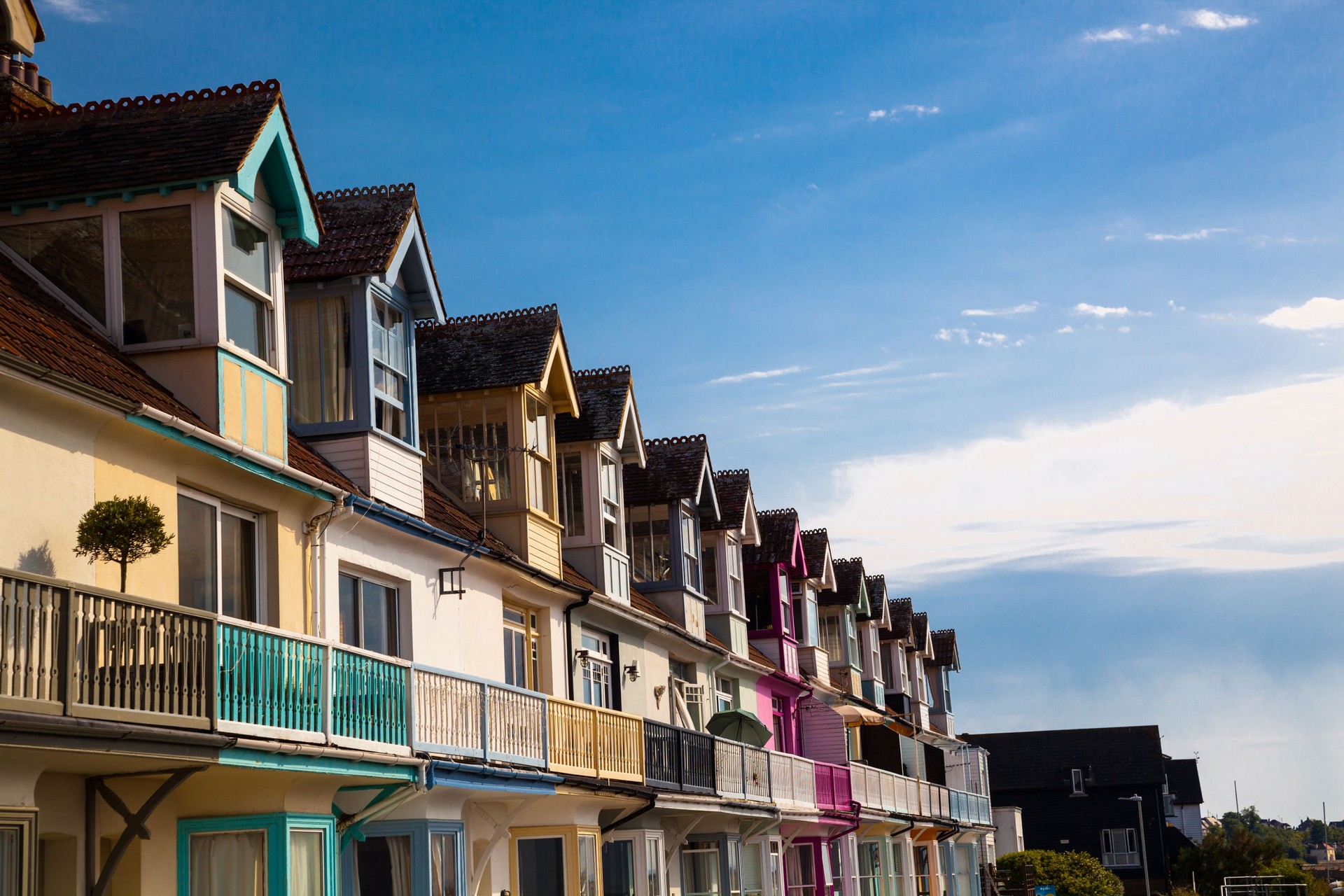 colourful holiday seaside apartments in summer sun england
